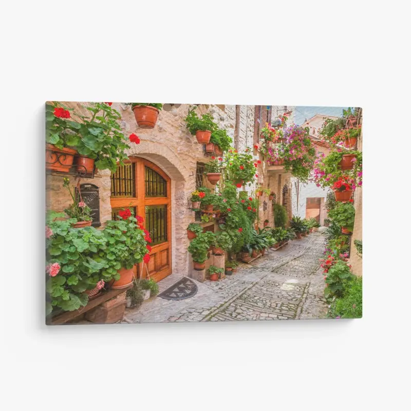 Leinwandbild sonnige gasse in Italien mit blühenden töpfen
