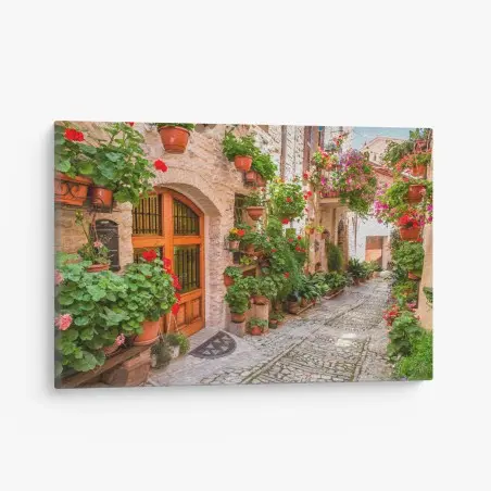 Leinwandbild sonnige gasse in Italien mit blühenden töpfen – Pixers®