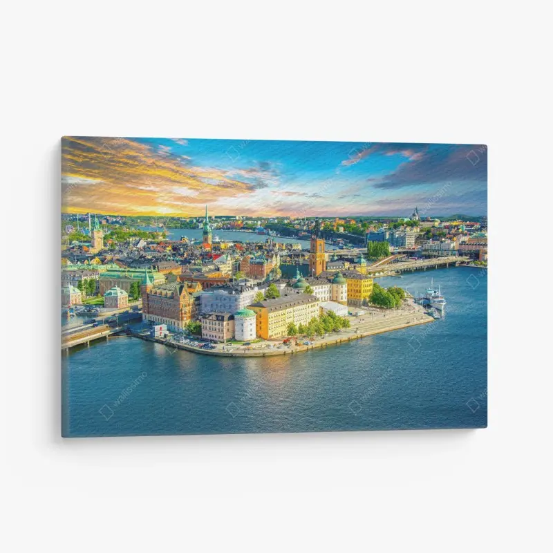 Leinwandbild lebendige stadtansicht von Stockholm bei sonnenuntergang