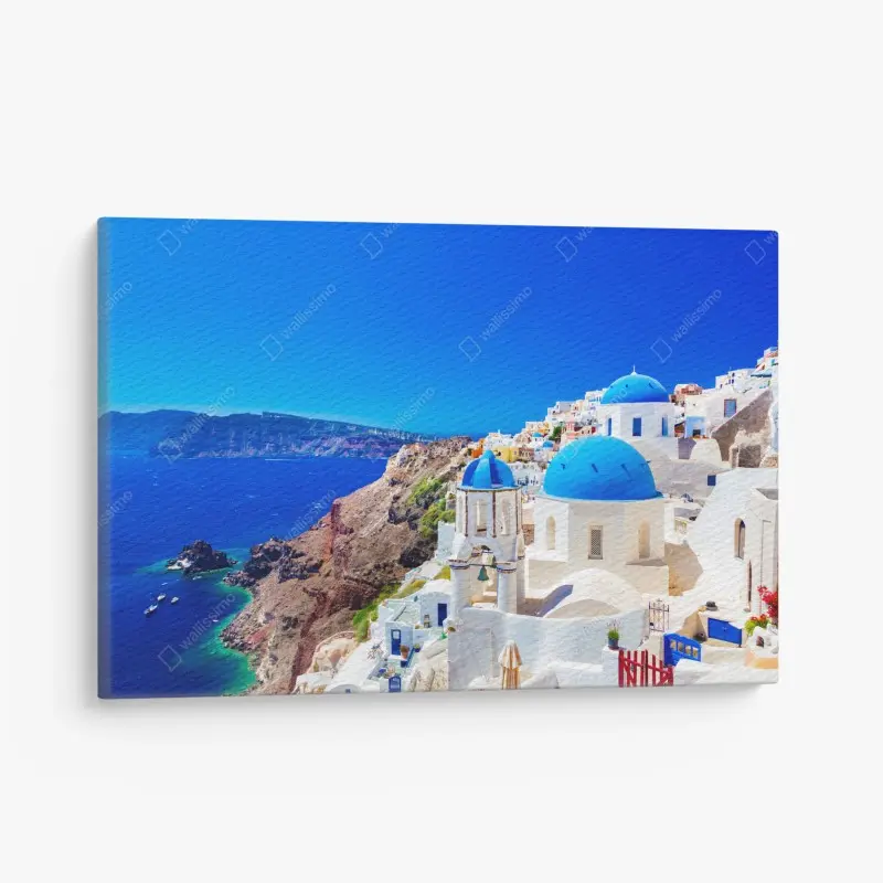 Leinwandbild Santorini blaue kuppeln über dem Ägäischen Meer