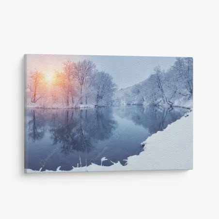Leinwandbild winterliche flusslandschaft bei sonnenuntergang – Pixers®