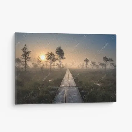 Leinwandbild nebliger sonnenaufgang über dem holzsteg – Pixers®