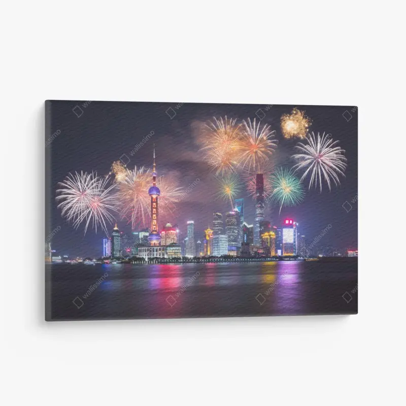 Leinwandbild Shanghai skyline mit feuerwerk über dem Huangpu