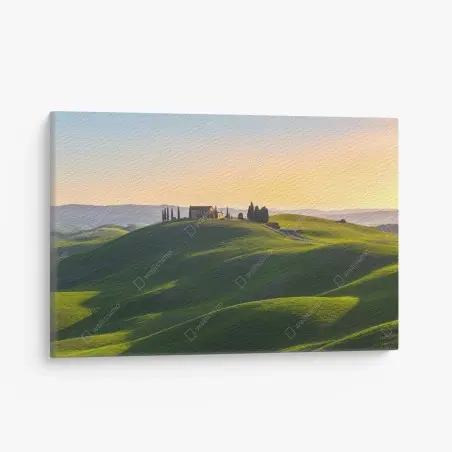 Leinwandbild bauernhaus auf grünen hügeln, Crete Senesi – Pixers®