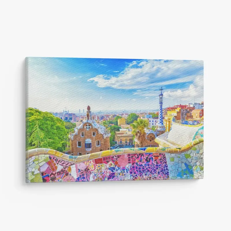 Leinwandbild lebendiges Barcelona Park Güell mosaik panorama