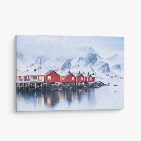 Leinwandbild sonnenaufgang über den roten hütten der Lofoten – Pixers®
