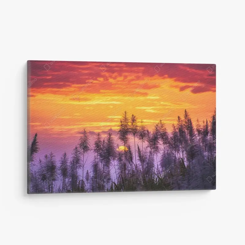 Leinwandbild goldener sonnenuntergang über wildgräsern