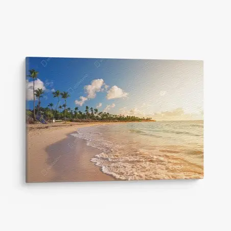 Leinwandbild tropischer sonnenuntergang am strand mit palmensilhouetten – Pixers®