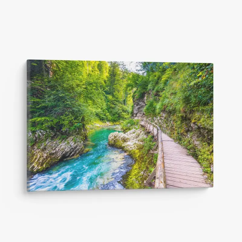 Leinwandbild türkisfarbener fluss und holzsteg im wald