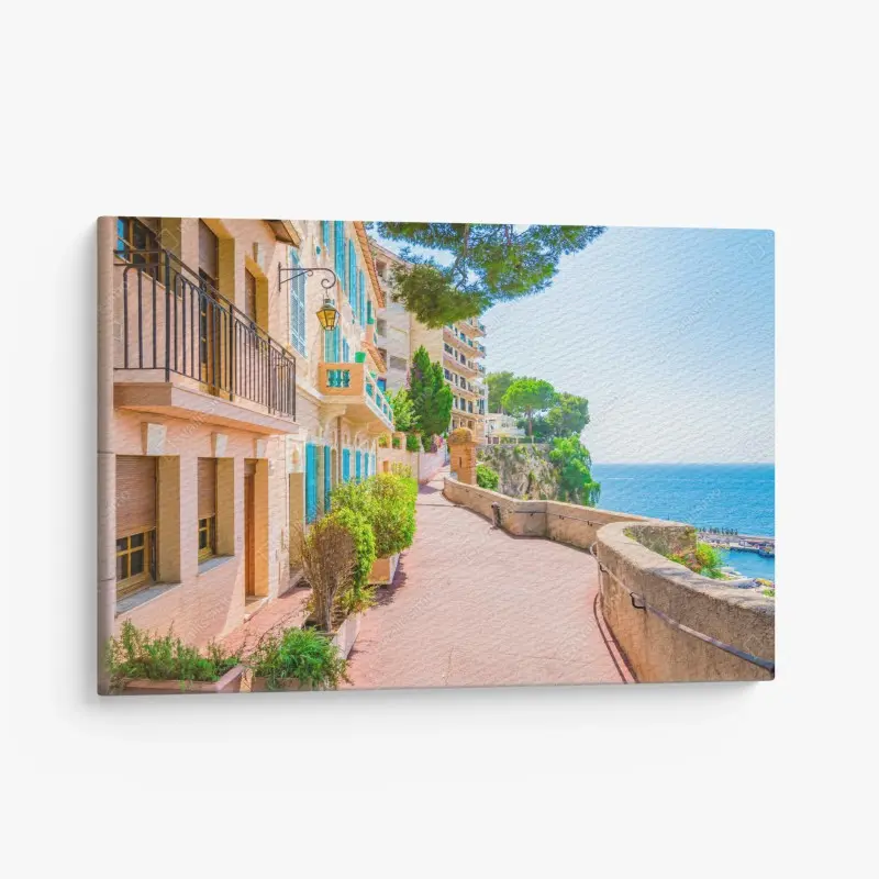 Leinwandbild mediterrane promenade mit pastellfarbenen häusern
