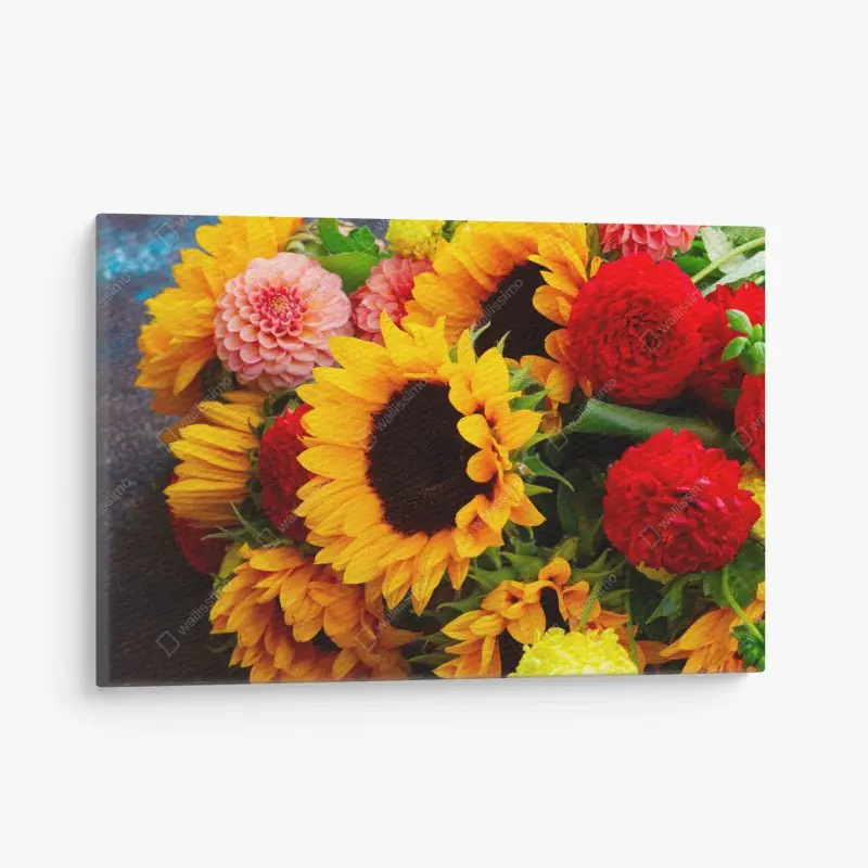 Leinwandbild nahaufnahme sonnenblumen- und dahlienstrauß