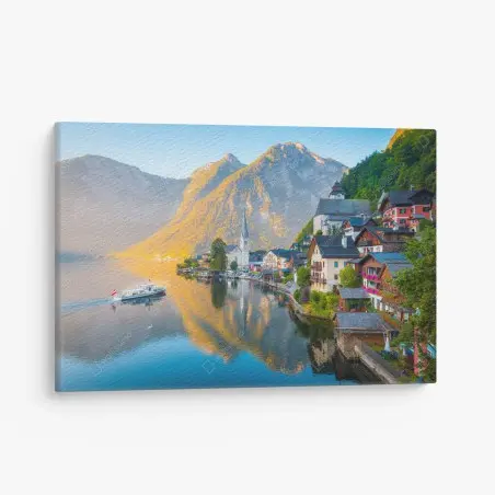 Leinwandbild morgendlicher lichtglanz über Hallstatt am see – Pixers®