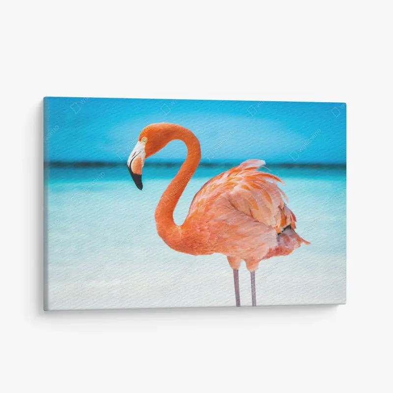 Leinwandbild leuchtender rosa flamingo am türkisfarbenen strand