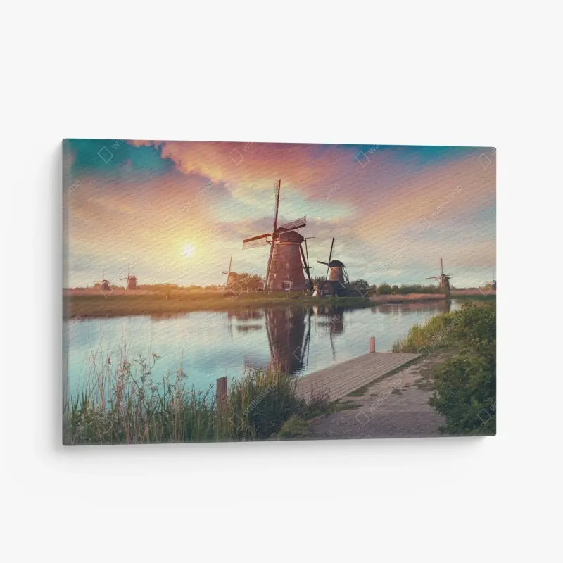 Leinwandbild sonnenuntergang über windmühlen in den Niederlanden