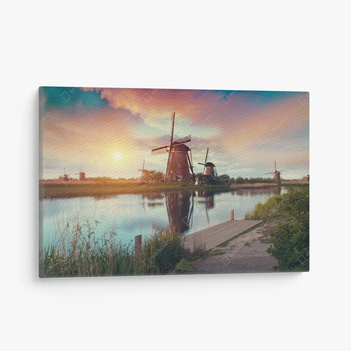 Leinwandbild sonnenuntergang über windmühlen in den Niederlanden – Pixers®