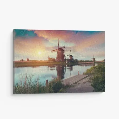 Leinwandbild sonnenuntergang über windmühlen in den Niederlanden – Pixers®