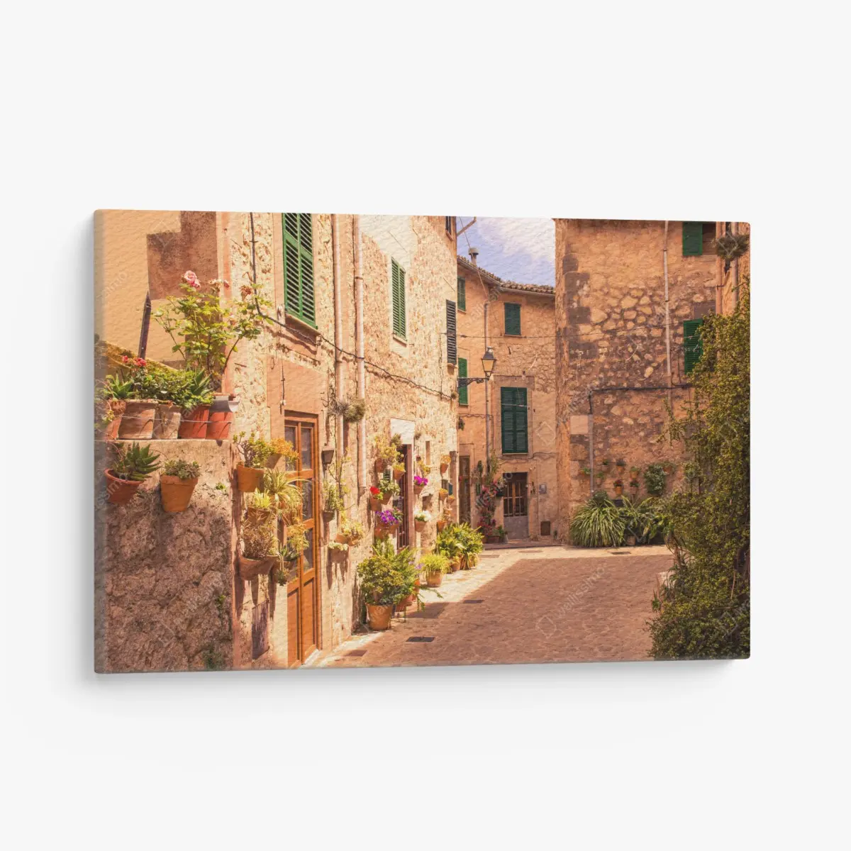 Leinwandbild sonnige mediterrane gasse mit blumentöpfen – Pixers®
