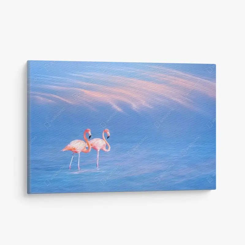 Leinwandbild rosa flamingos auf pastellfarbenem wasser