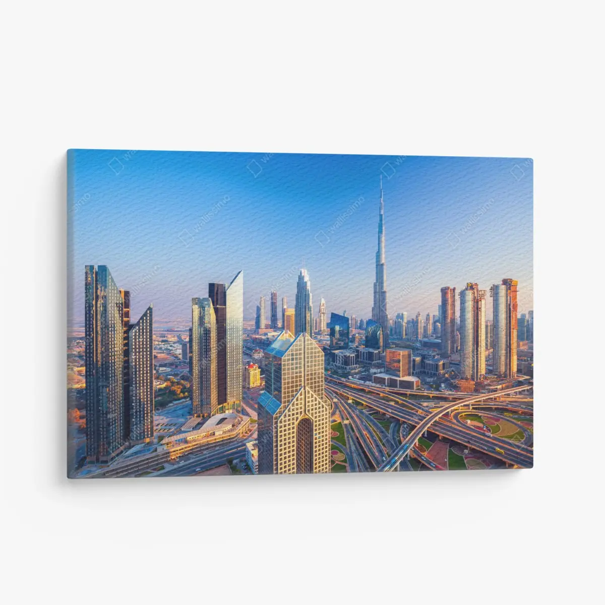 Leinwandbild panorama Dubais mit Burj Khalifa bei sonnenuntergang – Pixers®