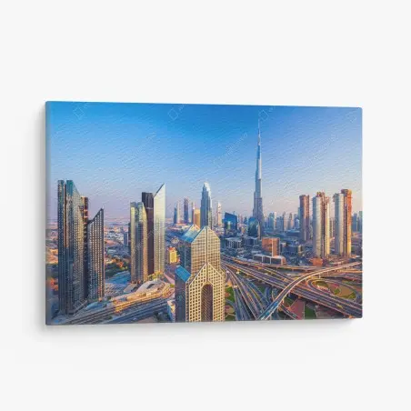 Leinwandbild panorama Dubais mit Burj Khalifa bei sonnenuntergang – Pixers®