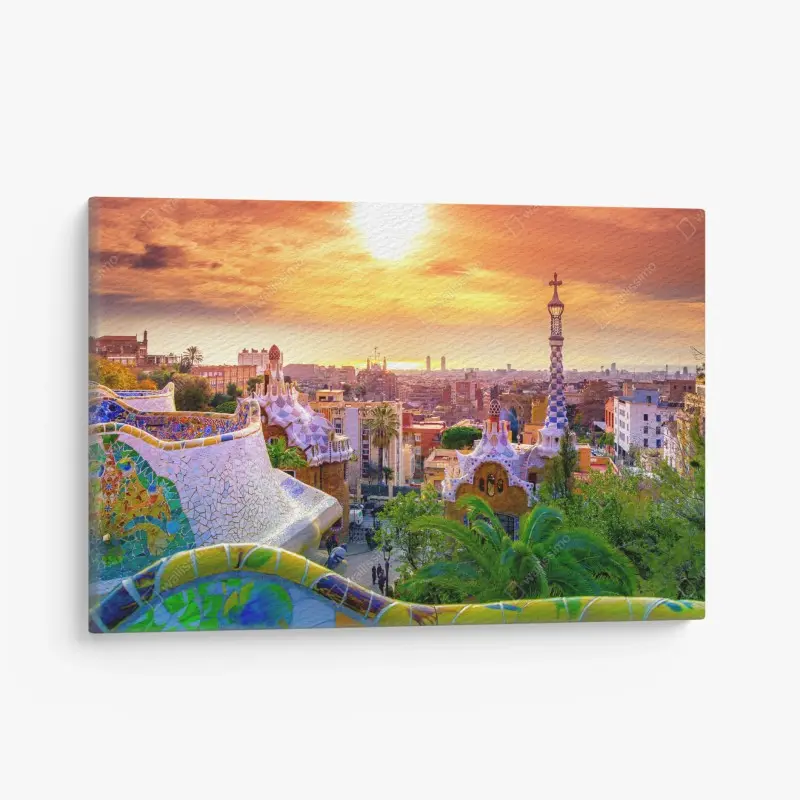Leinwandbild sonnenuntergang über Park Güell in Barcelona