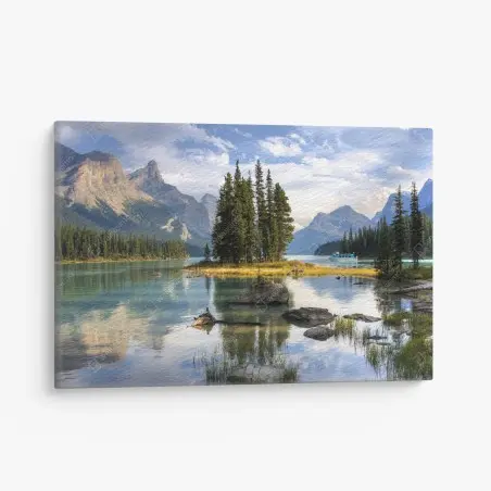 Leinwandbild ruhiger alpensee mit insel und bergen – Pixers®