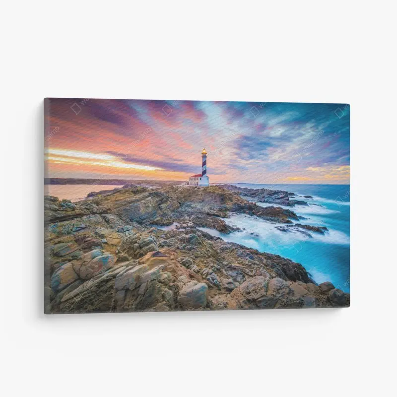 Leinwandbild sonnenuntergang bei leuchtturm Favaritx, Menorca