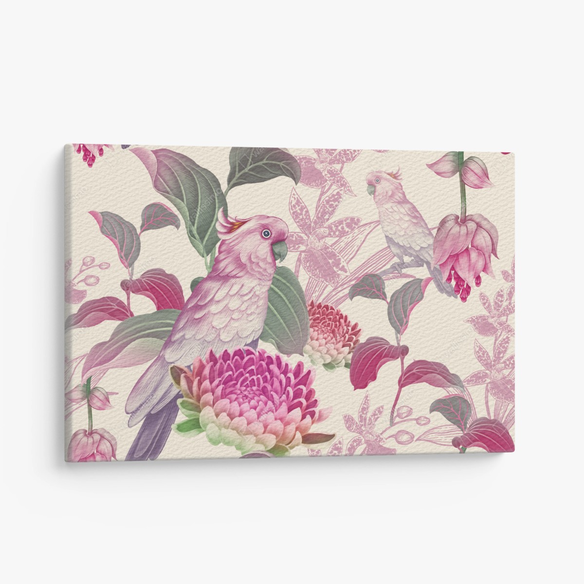 Leinwandbild rosa papagei und chrysantheme - botanisches motiv – Pixers®