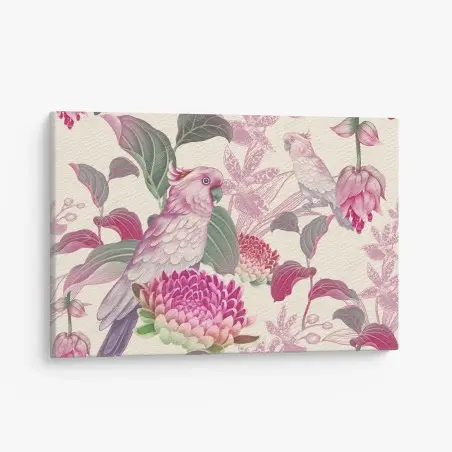 Leinwandbild rosa papagei und chrysantheme - botanisches motiv – Pixers®
