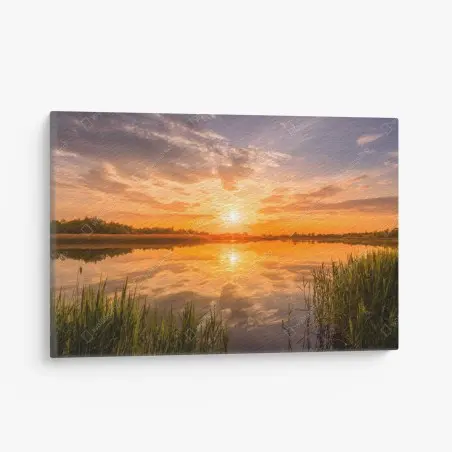 Leinwandbild goldener sonnenuntergang über idyllischem see – Pixers®