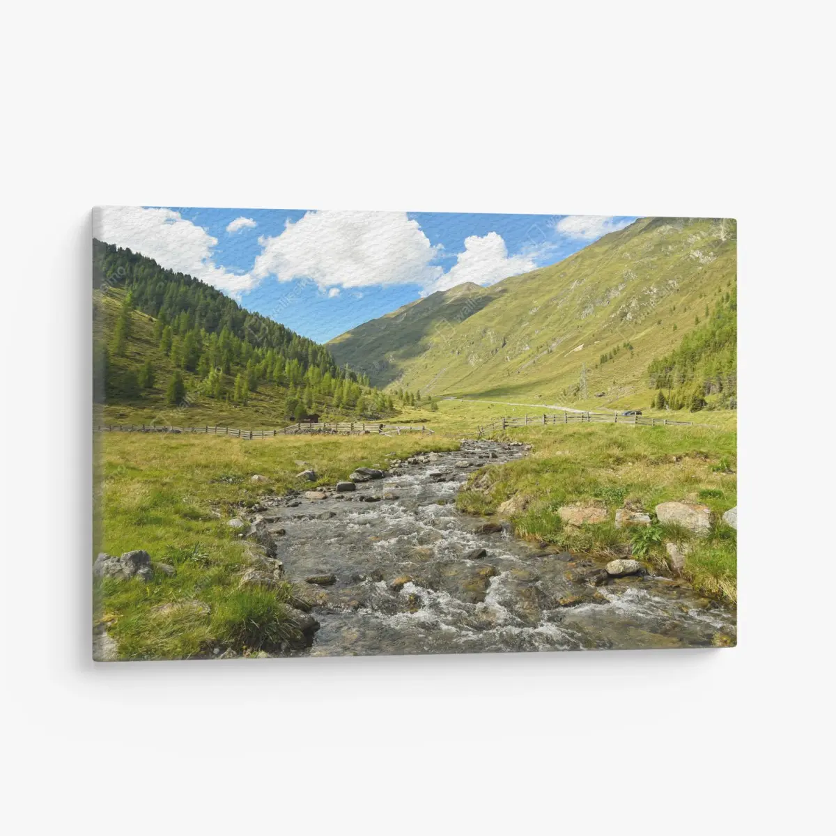 Leinwandbild alpenbach im sonnigen tal – Pixers®