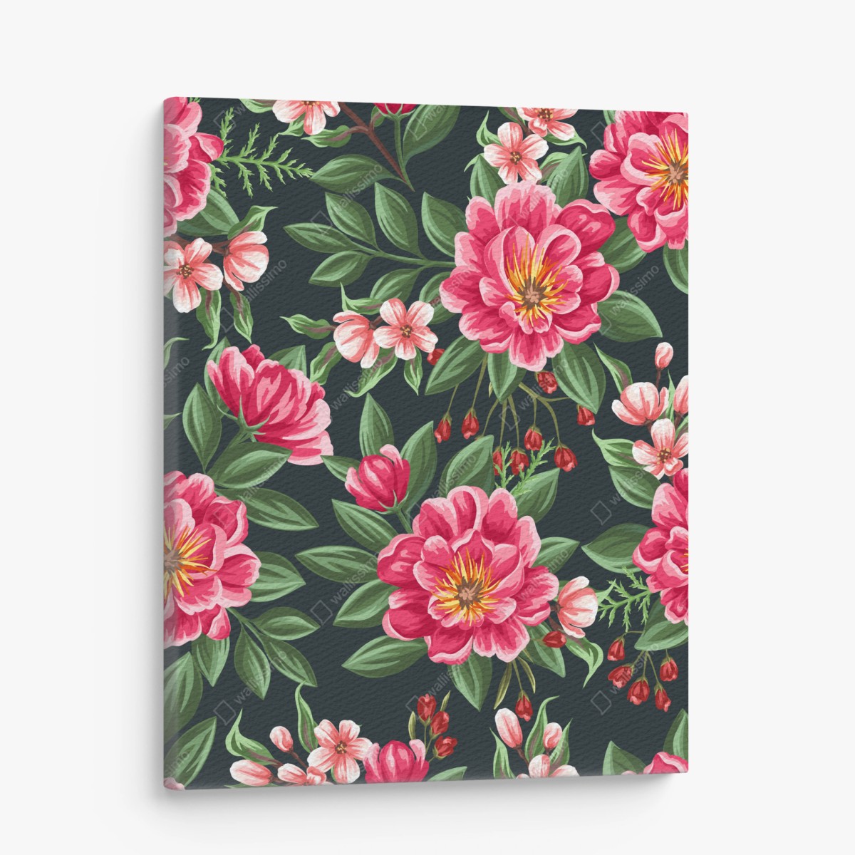 Leinwandbild rosa aquarell blumenmuster auf dunklem hintergrund – Pixers®