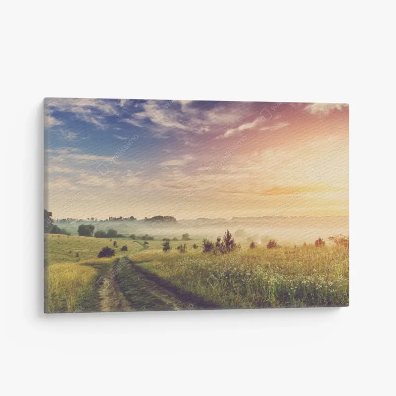 Leinwandbild nebeliger sonnenaufgang über einer ländlichen wiese