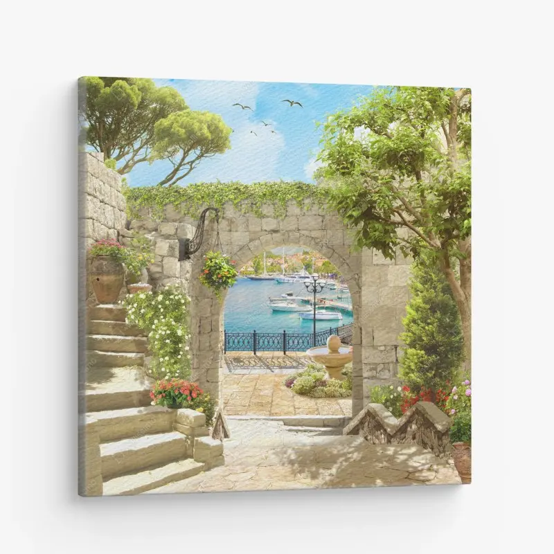 Leinwandbild mediterraner blick durch eine arkade
