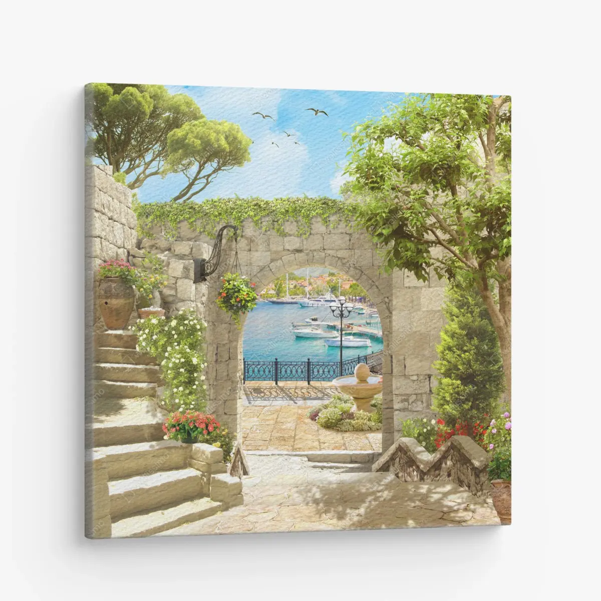 Leinwandbild mediterraner blick durch eine arkade – Pixers®