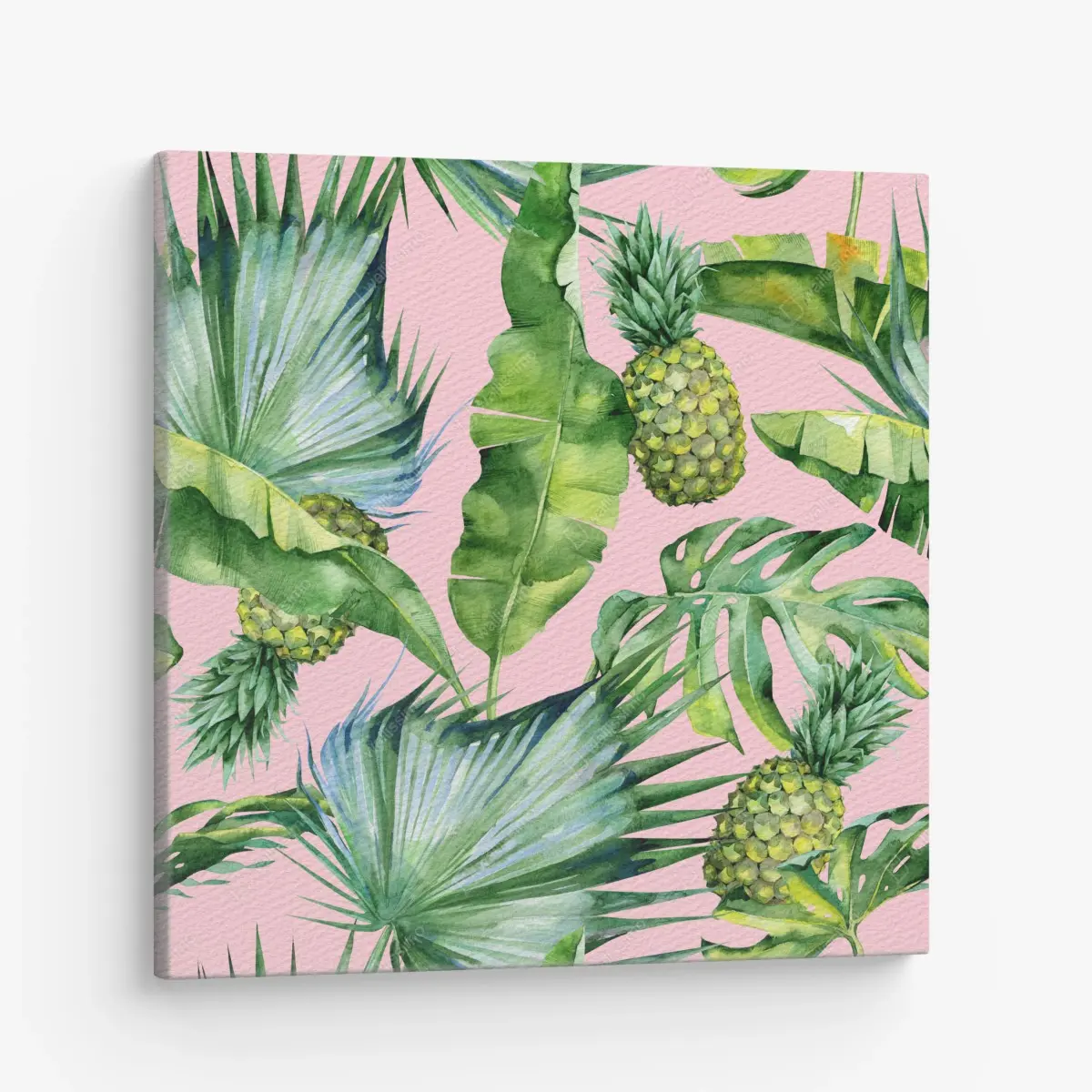 Leinwandbild tropisches ananas- und blattmuster in aquarell auf rosa hintergrund – Pixers®