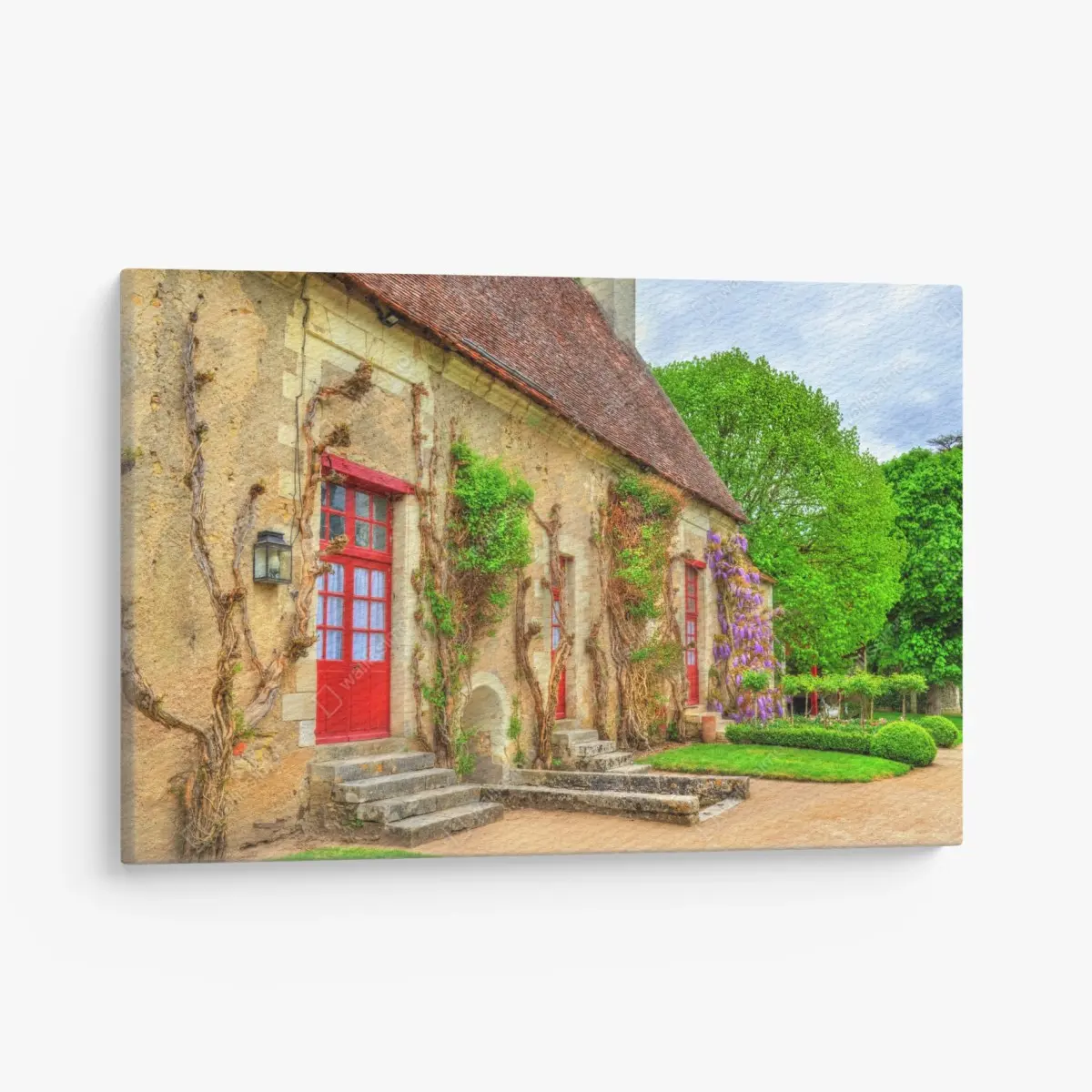 Leinwandbild reizendes landhaus mit blühender glyzinie – Pixers®