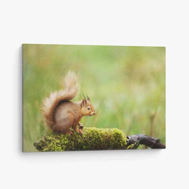 Leinwandbild rotes eichhörnchen auf moosigem stamm