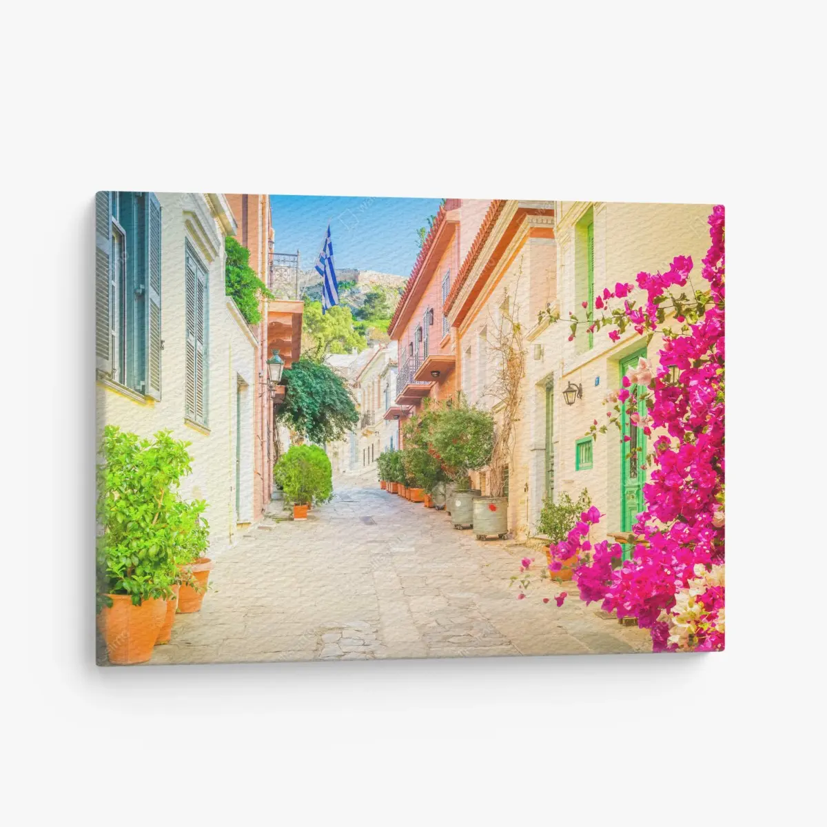 Leinwandbild sonnige griechische gasse mit bougainvillea – Pixers®