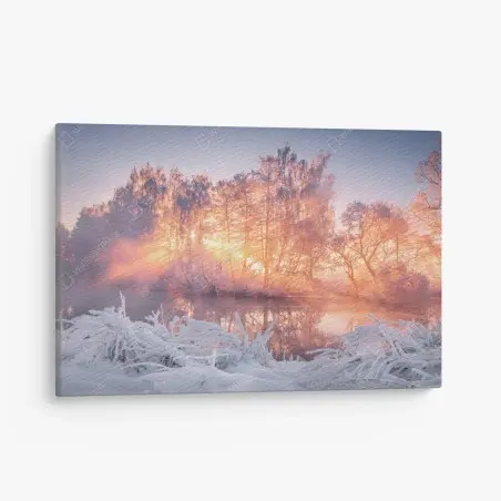 Leinwandbild winterlicher sonnenaufgang über zugefrorenem fluss – Pixers®