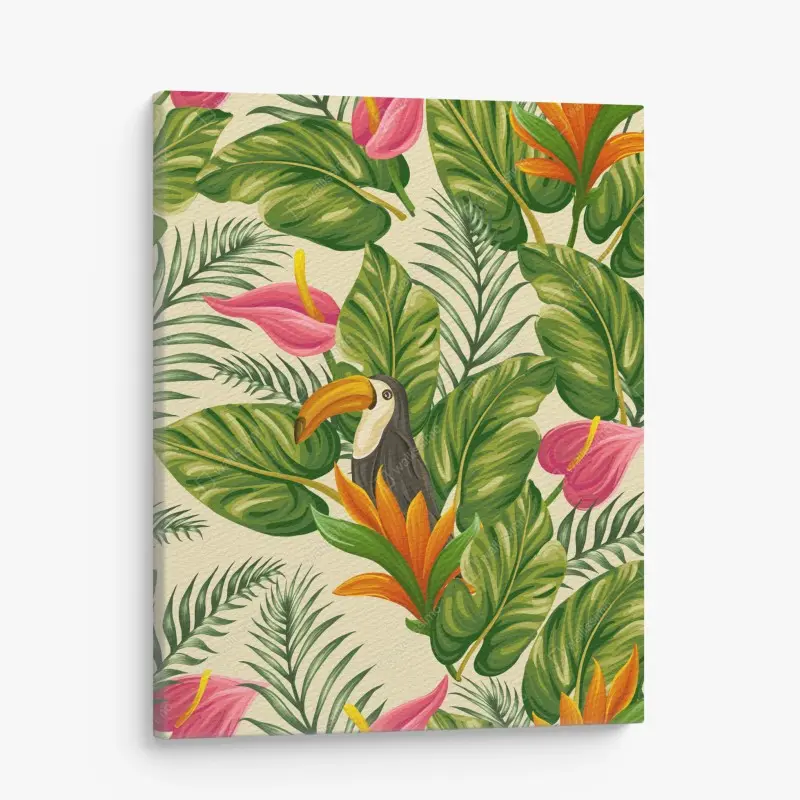 Leinwandbild tropisches botanisches muster mit tukan