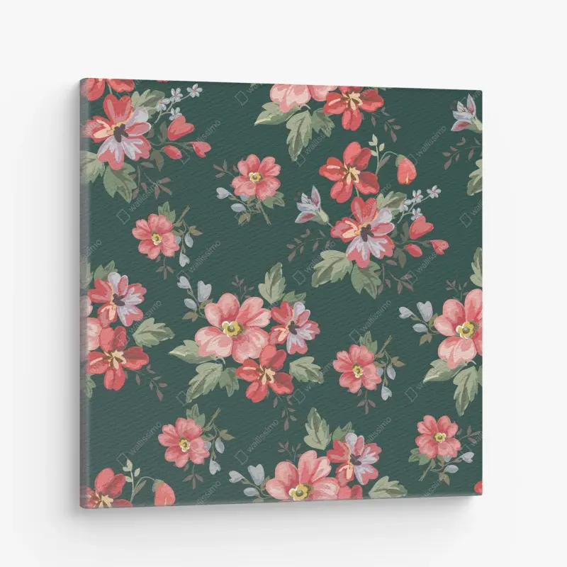Leinwandbild vintage rosa blumenmuster auf tiefgrün