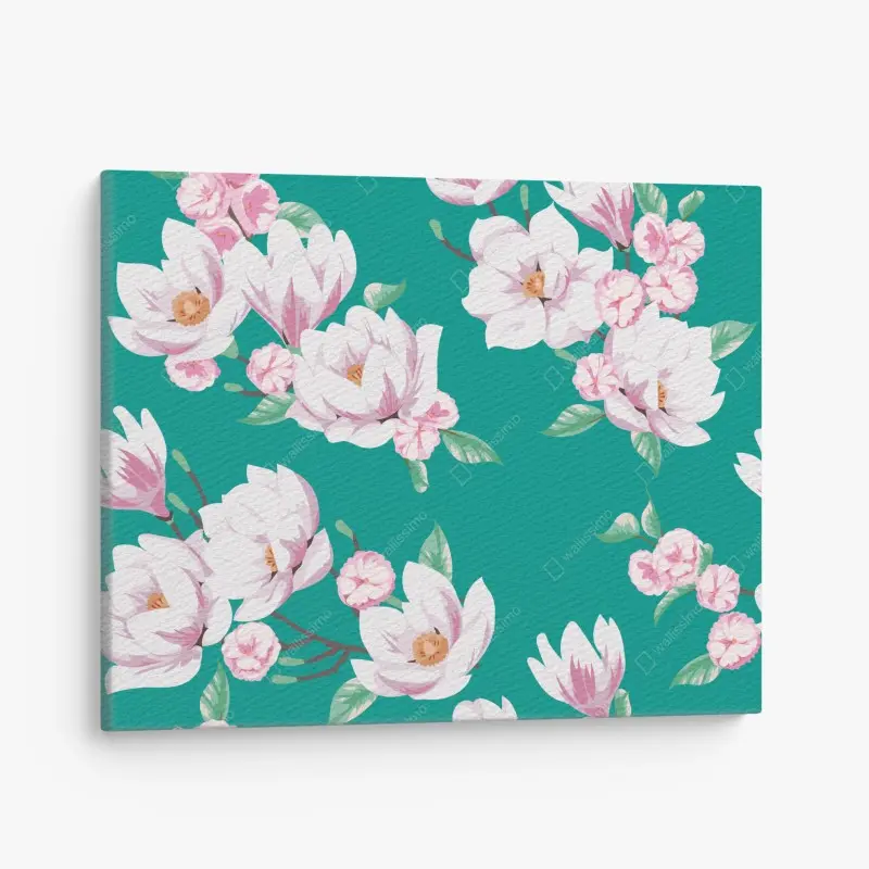 Leinwandbild pastell magnolienmuster auf türkisfarbenem hintergrund