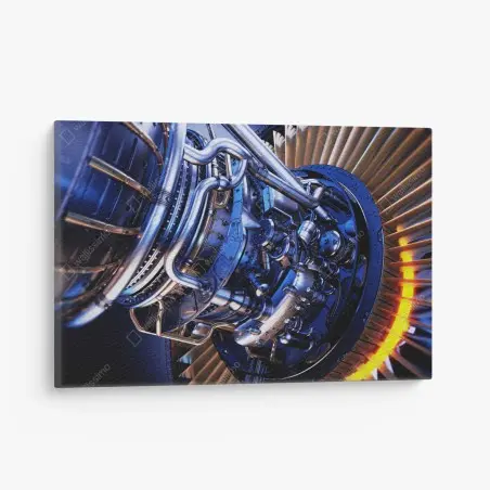 Leinwandbild nahaufnahme einer turbinenanlage in blau und orange – Pixers®