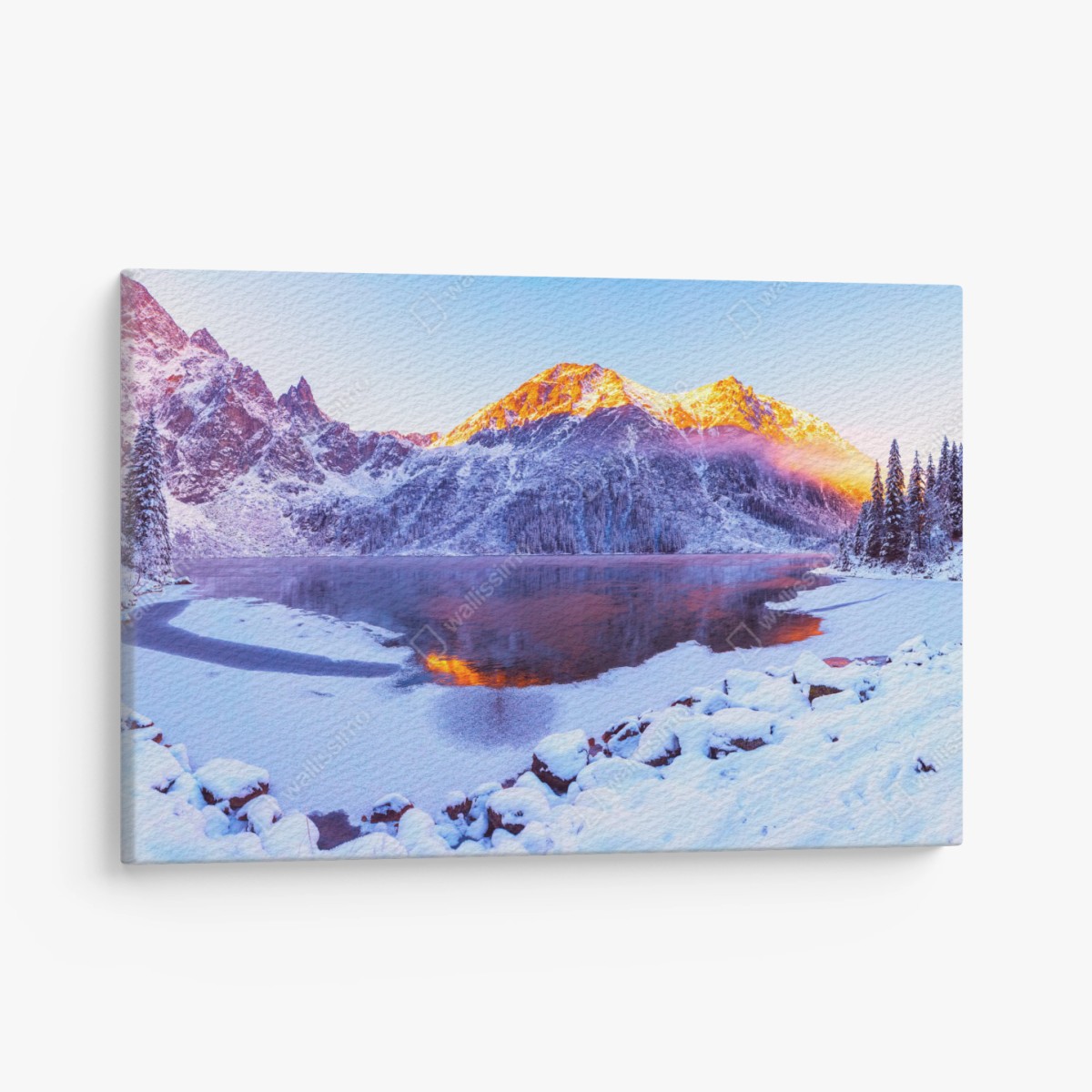 Leinwandbild sonnenbeschienene berge über gefrorenem alpensee – Pixers®