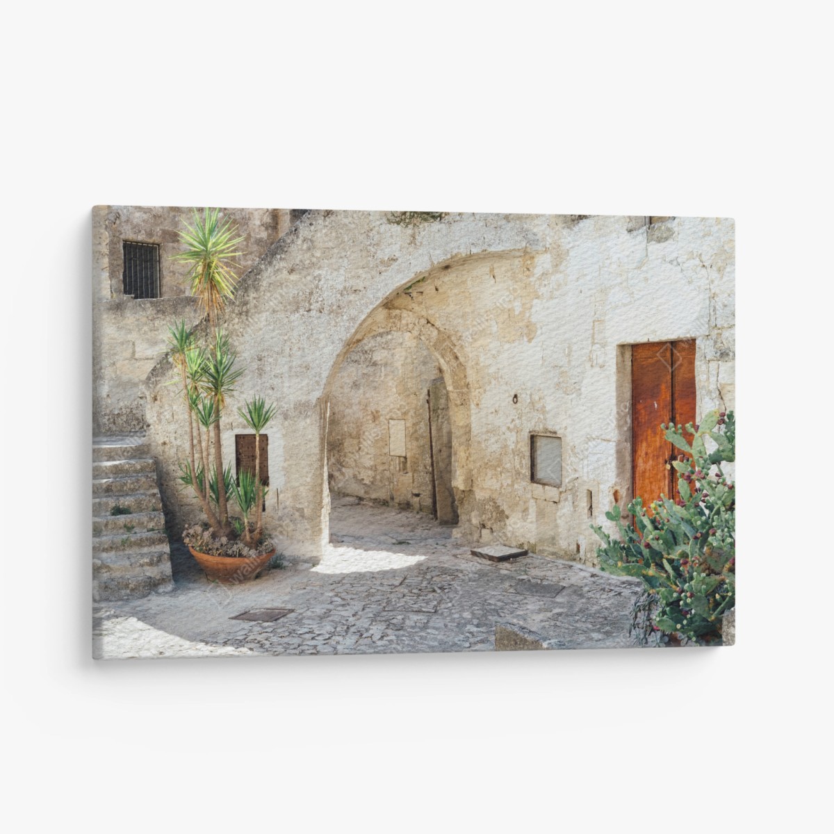 Leinwandbild mediterraner steinhof mit bogen – Pixers®