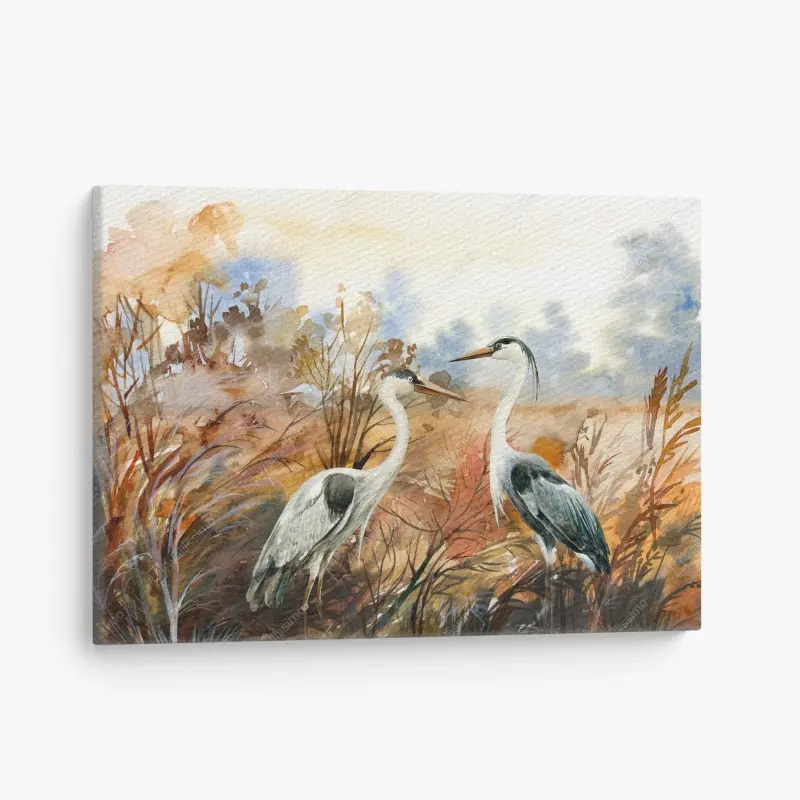 Leinwandbild zwei reiher im herbstlichen sumpf