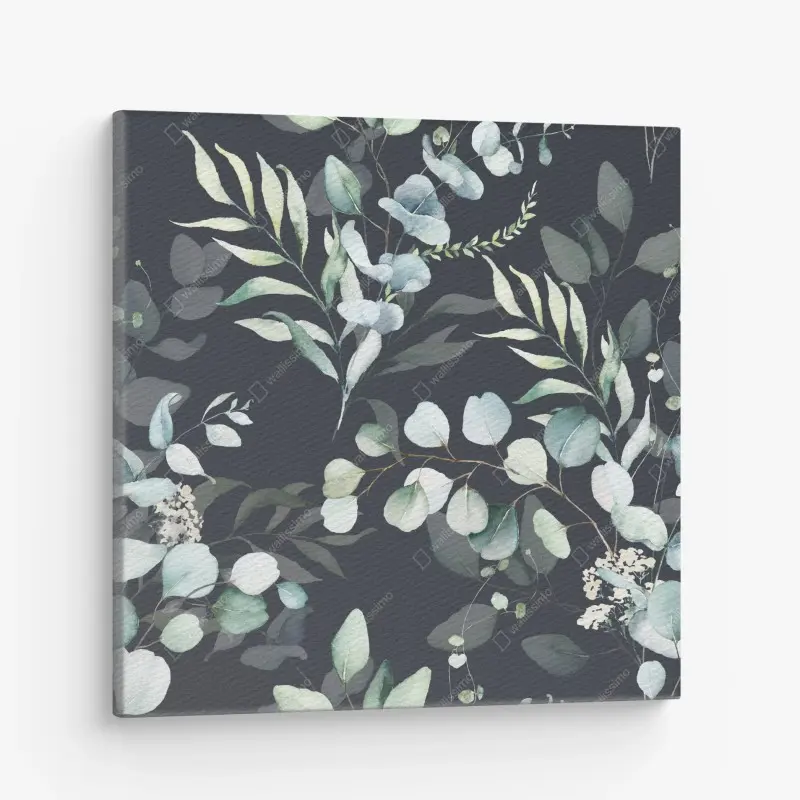Leinwandbild eukalyptus aquarell botanisches muster auf dunklem hintergrund