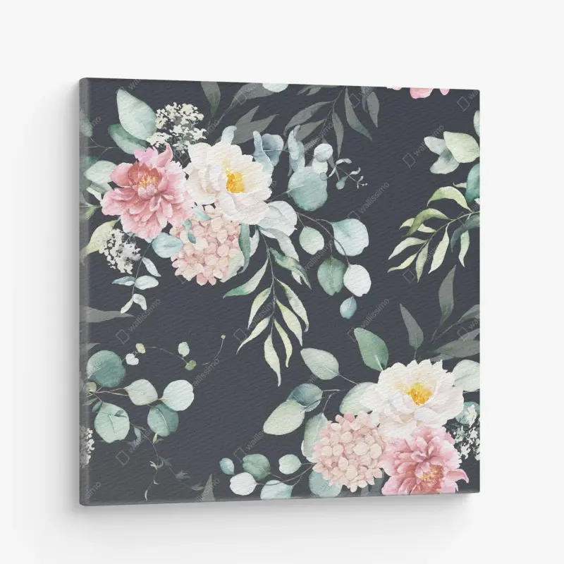 Leinwandbild elegantes aquarell-blumenmuster auf dunklem hintergrund