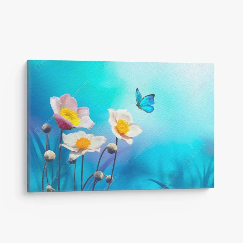 Leinwandbild zarte rosa anemonen und blauer schmetterling